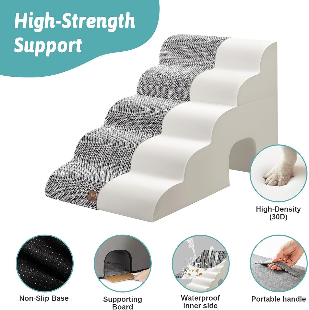 COZY KISS Extra Wide Small Dog Stairs with Tunnel, Pet Step for Bed, Grey
