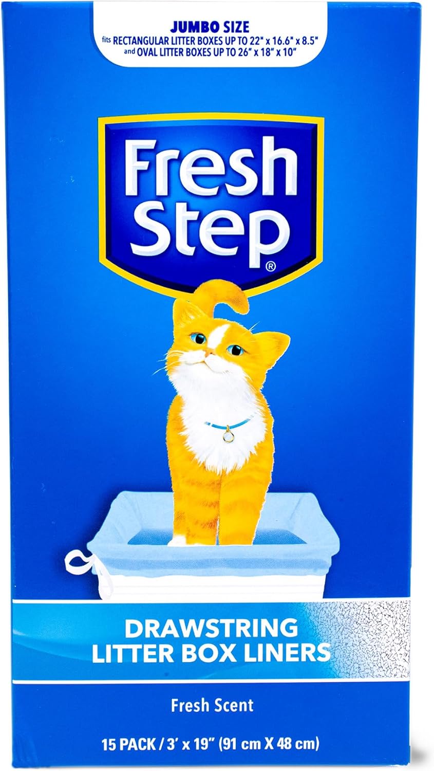 Fresh Step Drawstring Cat Litter Liners, Scented, 3 ft x 19 in, 15 Count | Heavy-duty drawstring design, for extra-large oval or rectangle pans, easy lift-out cleanup, daily use
