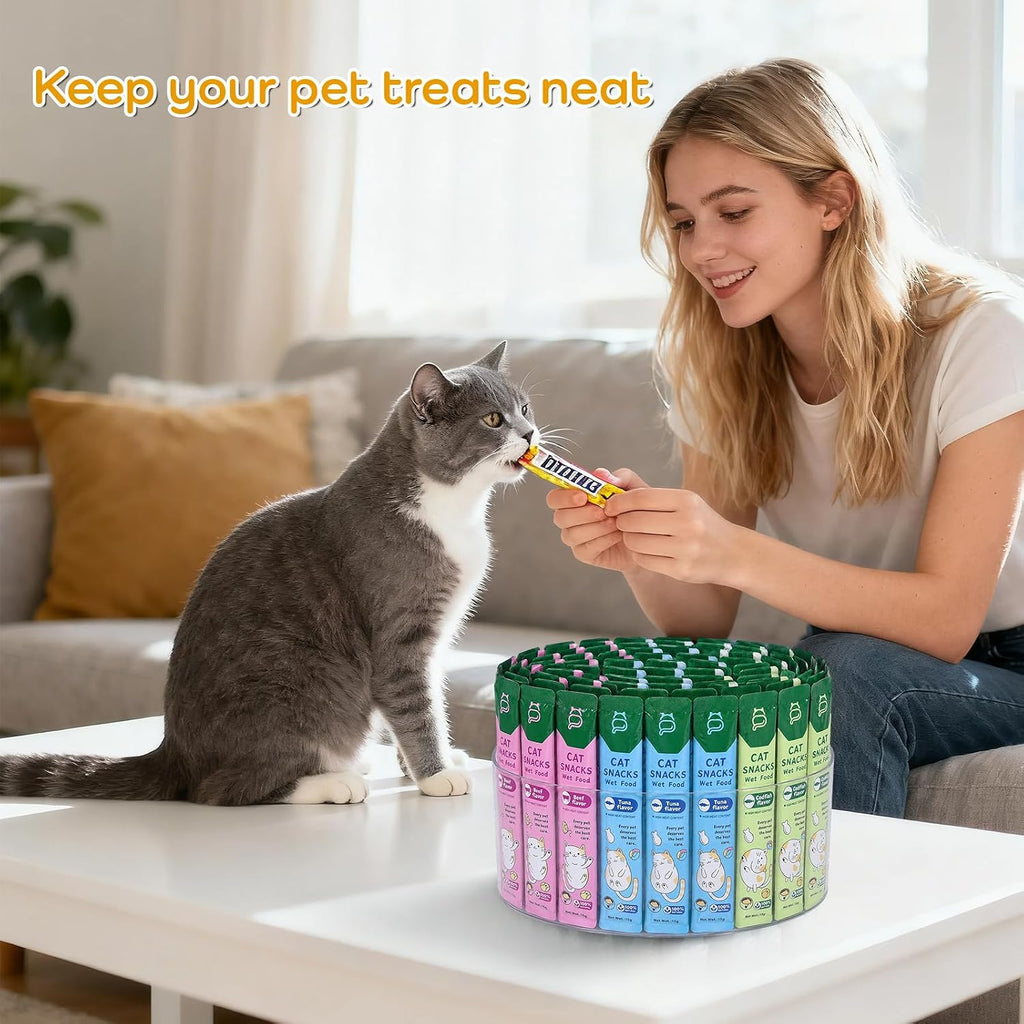 Lickable Cat Treats Organizer, 9 inches Lazy Susan Acrylic Squeeze Up Cat Food Storage Container, Wet Cat Treats Storage for Kitchen Cabinet Pantry Shelf Countertop