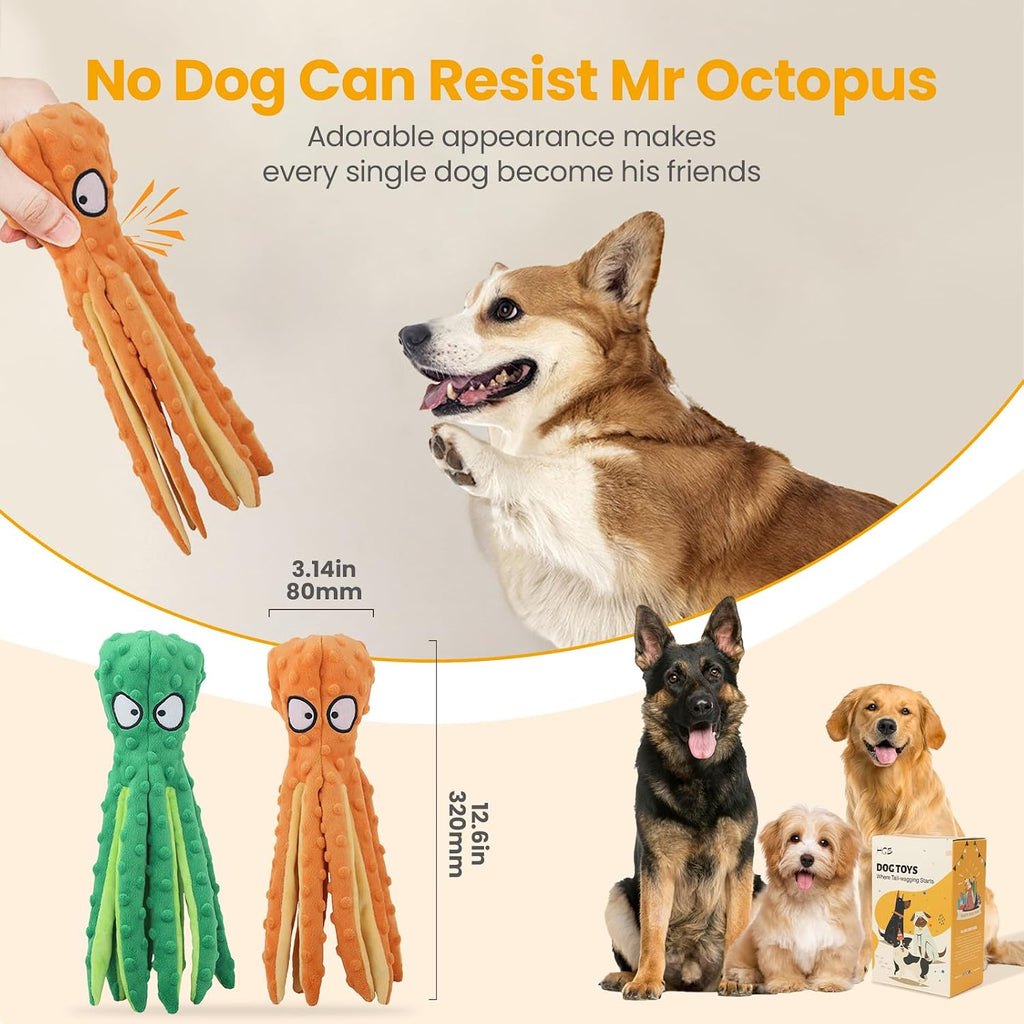 HGB Squeaky Dog Toys No Stuffing Octopus Crinkle for Large Medium Small Dog | 2 Pack Tough Plush Chew Toys for Chewers Puppy Teething, Interactive Tug of War & Keep Them Busy, Birthday Gift