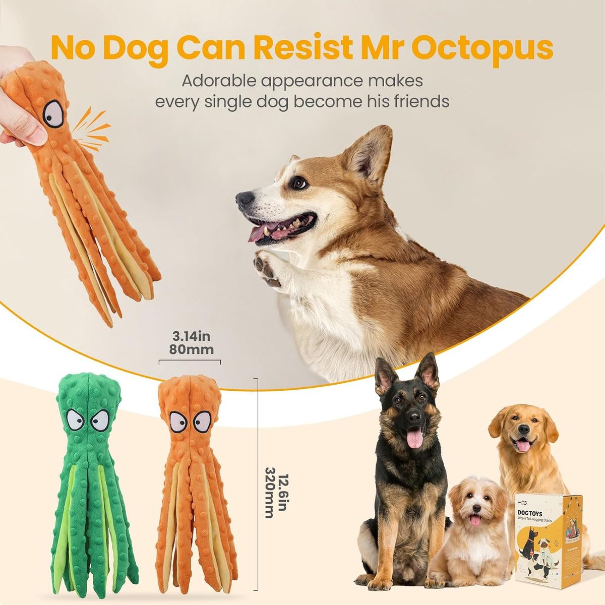 HGB Squeaky Dog Toys No Stuffing Octopus Crinkle for Large Medium Small Dog | 2 Pack Tough Plush Chew Toys for Chewers Puppy Teething, Interactive Tug of War & Keep Them Busy, Birthday Gift