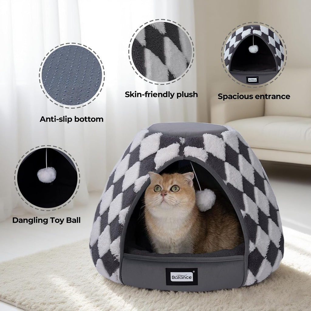 BALANCE Cat Beds for Indoor Cats, 2-in-1 Cat Bed Cave with Anti-Slip Bottom and Ultra-Soft Plush, Cozy Cats House Tent for Kittens and Small Dogs, 21 Inches, Dark Grey