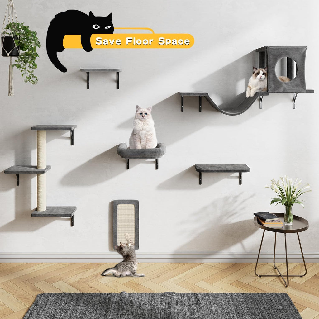 Cat Wall Shelves, 6 Pcs Luxury Wall-Mounted Cat Climber Shelves, Dark Gray