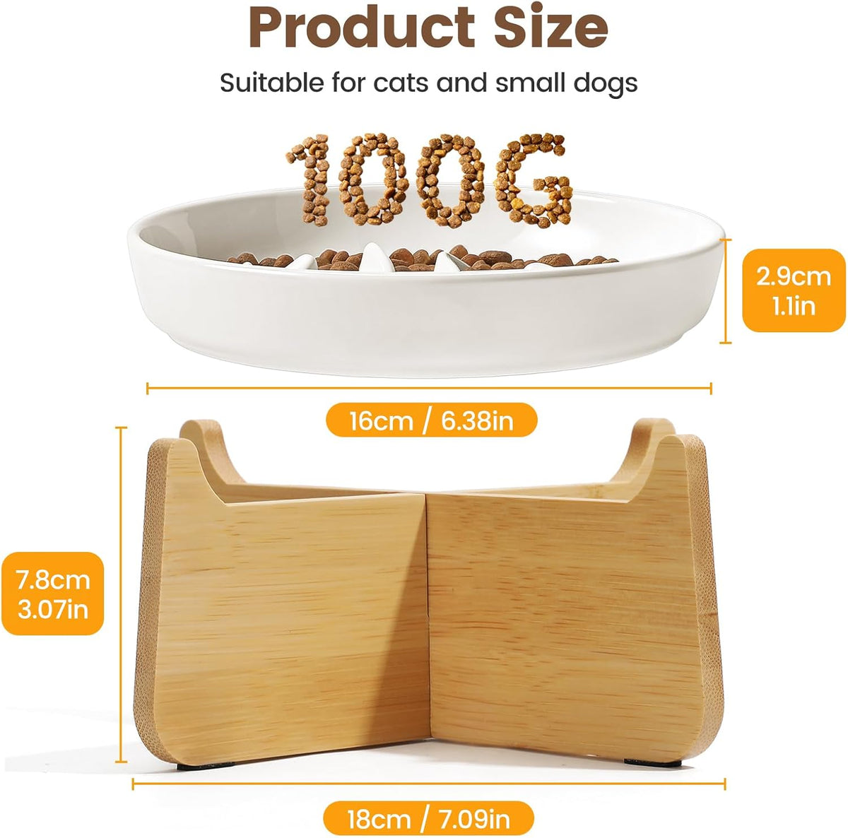PETTOM Slow Feeder Cat Bowl Elevated Ceramic with Bamboo Stand, Fishbone