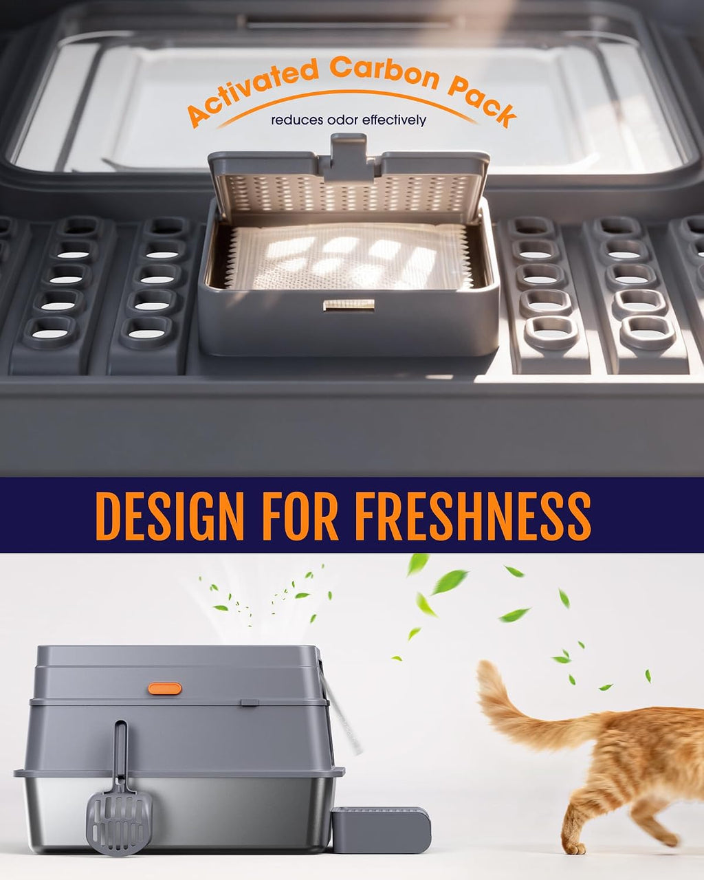 Powools Stainless Steel Enclosed Cat Litter Box, Elevated Step Box, Grey | 23.6 x 15.7 x 15.0 in, Metal Cat Litter Box with Lid, Litter Scoop, Activated-Carbon Pack, Non-Sticky, Easy to Clean