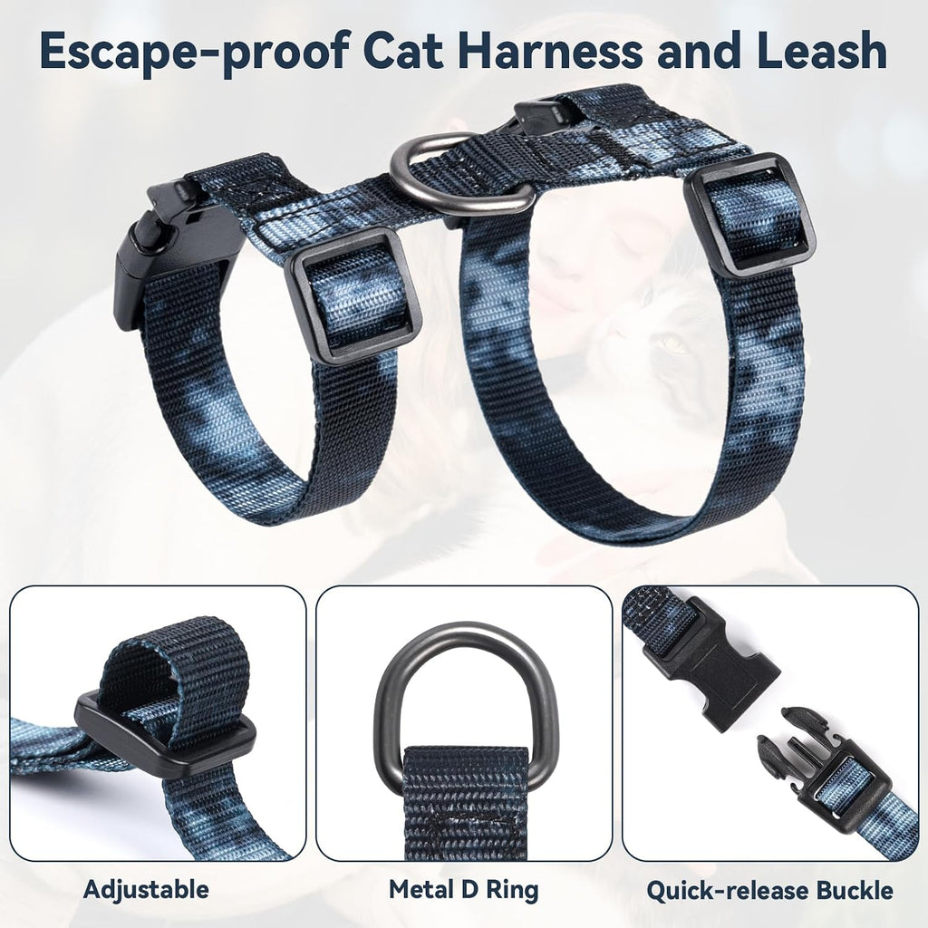 Cat Harness and Leash Set, 3-in-1 Escape Proof Adjustable, Comfortable Soft Lightweight, Safe, Easy to Wear, Walking Travel Kitten Harness for Small Medium Large Cats （Black