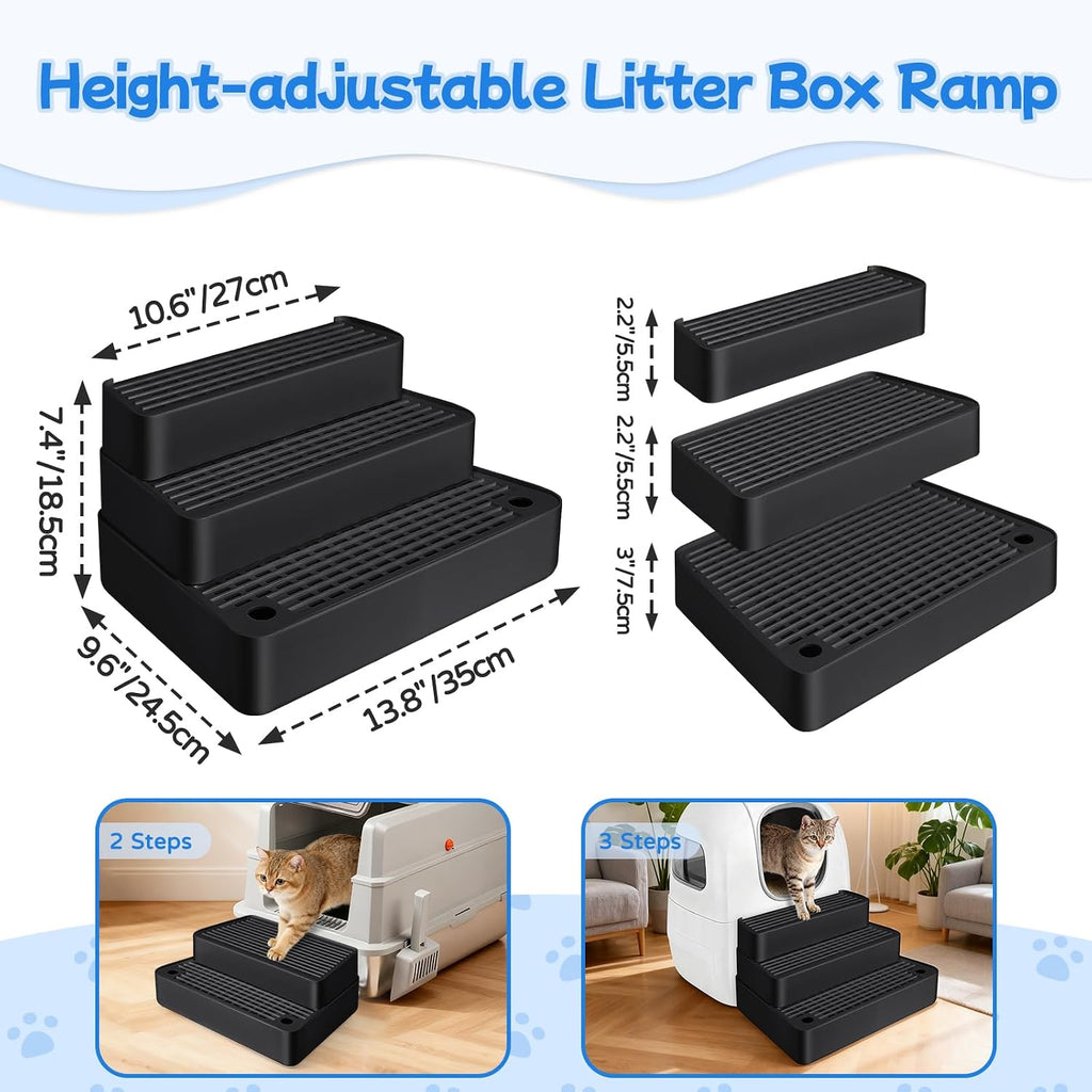 Extra Large 3 Steps Litter Box Ramp, Adjustable Cat Litter Box Step with Filter Function, Easy to Clean Cat Litter Stair Catcher for Elderly Cats and Kitten (Black)