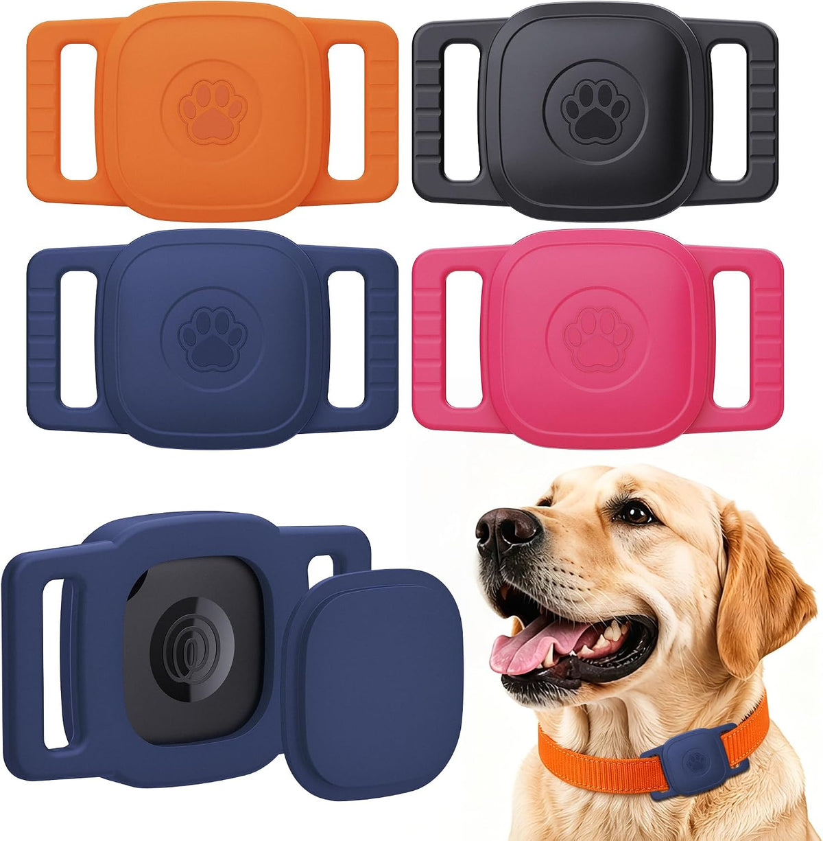 DDJ 4-Pack Waterproof Dog Collar Holder for Tile Mate Tracker, Durable Silicone Life360 Tile Case for Cat &Pet Collars, Anti-Lost Full Body for Tile Cover, Black, Pink Punch, Blue, Orange