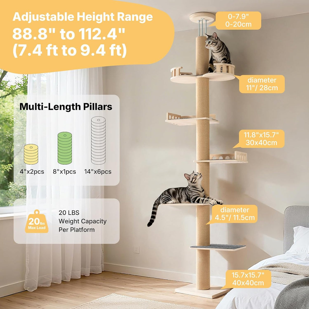 Veehoo Floor to Ceiling Cat Tree, 61-110" Adjustable Tall Tension Cat Tower