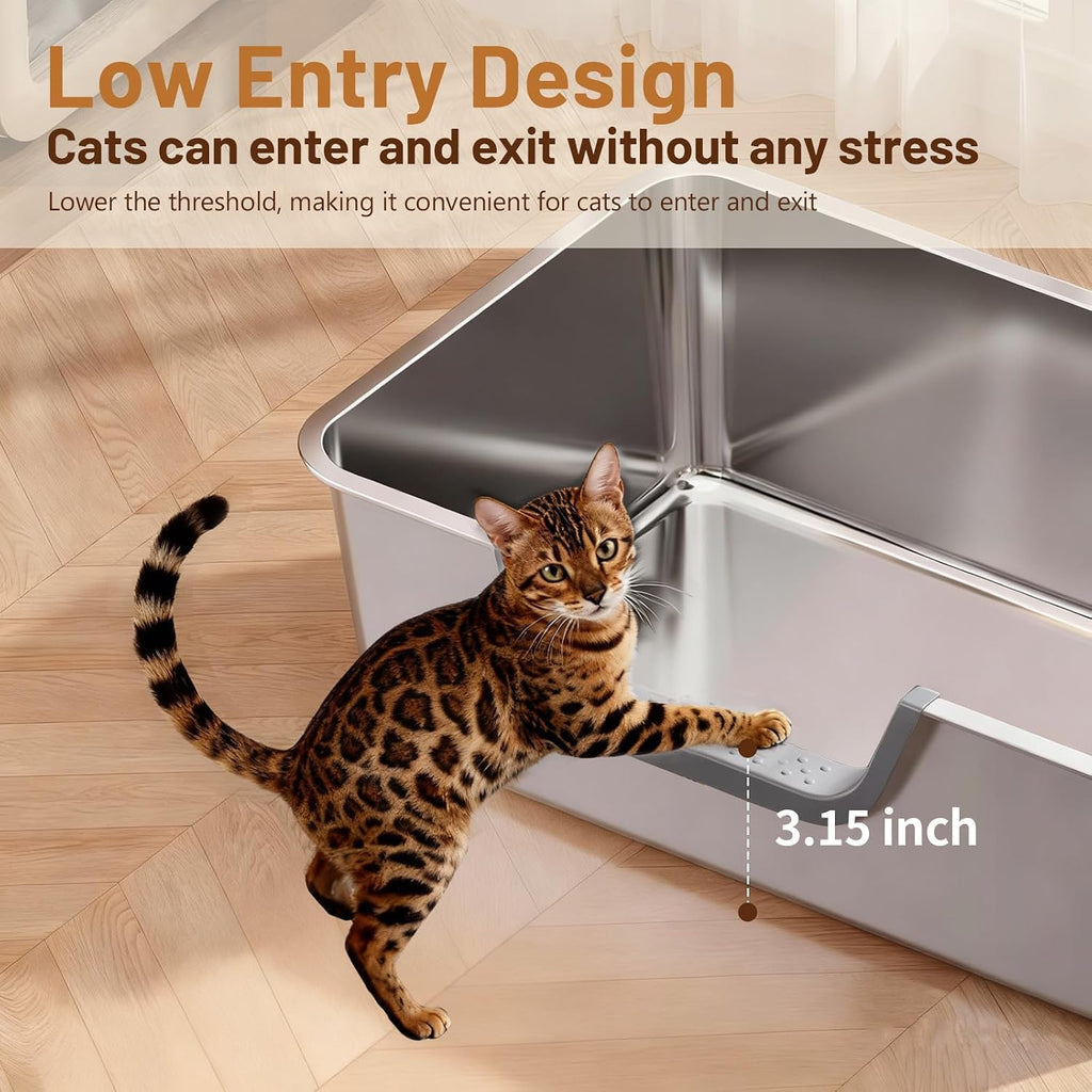 Stainless Steel Cat Litter Box, Steel Litter Pan with Curved Low Entry, Leak Proof 6 Inch High Side for Urine, Easy Entry for Kittens Older Cats, No Slip, 17.7" x 13.8" x 6", Silver