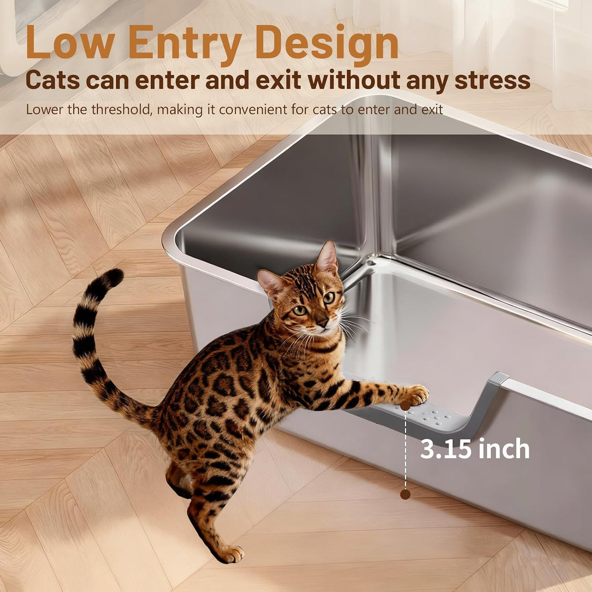 Stainless Steel Cat Litter Box, Steel Litter Pan with Curved Low Entry, Leak Proof 6 Inch High Side for Urine, Easy Entry for Kittens Older Cats, No Slip, 17.7" x 13.8" x 6", Silver