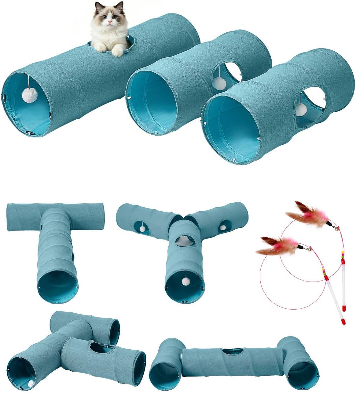 Cat Tunnel, 3 Straight Shaped Tunnels 6 DIY Shapes with Wand Toys, No Noise Scratch Resistant Cool Linen Fabric, Interactive Pet Tunnel Tube for Indoor Cats, Puppy and Rabbits