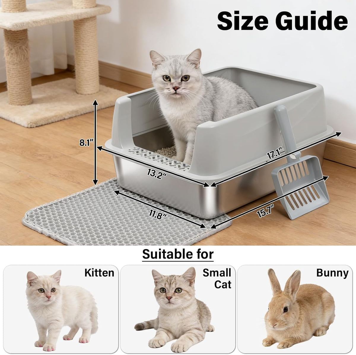 Stainless Steel Litter Box with Lid,Cat Litter Box for Kitten | Metal Kitty Litter Box for Small Cats,Non-Stick,Anti-Leakage,Easy to Clean,Include Scoop and Mat
