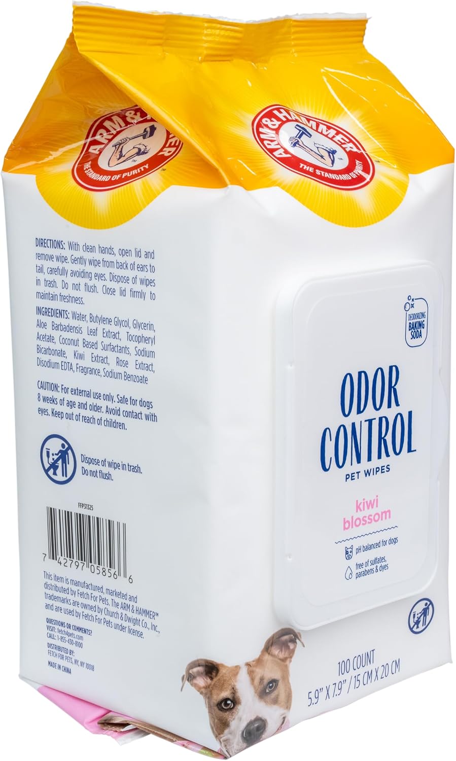 Arm & Hammer Odor Control Dog Wipes, Kiwi Blossom, 100 Count | Baking soda deodorizing formula for gentle everyday cleaning between baths
