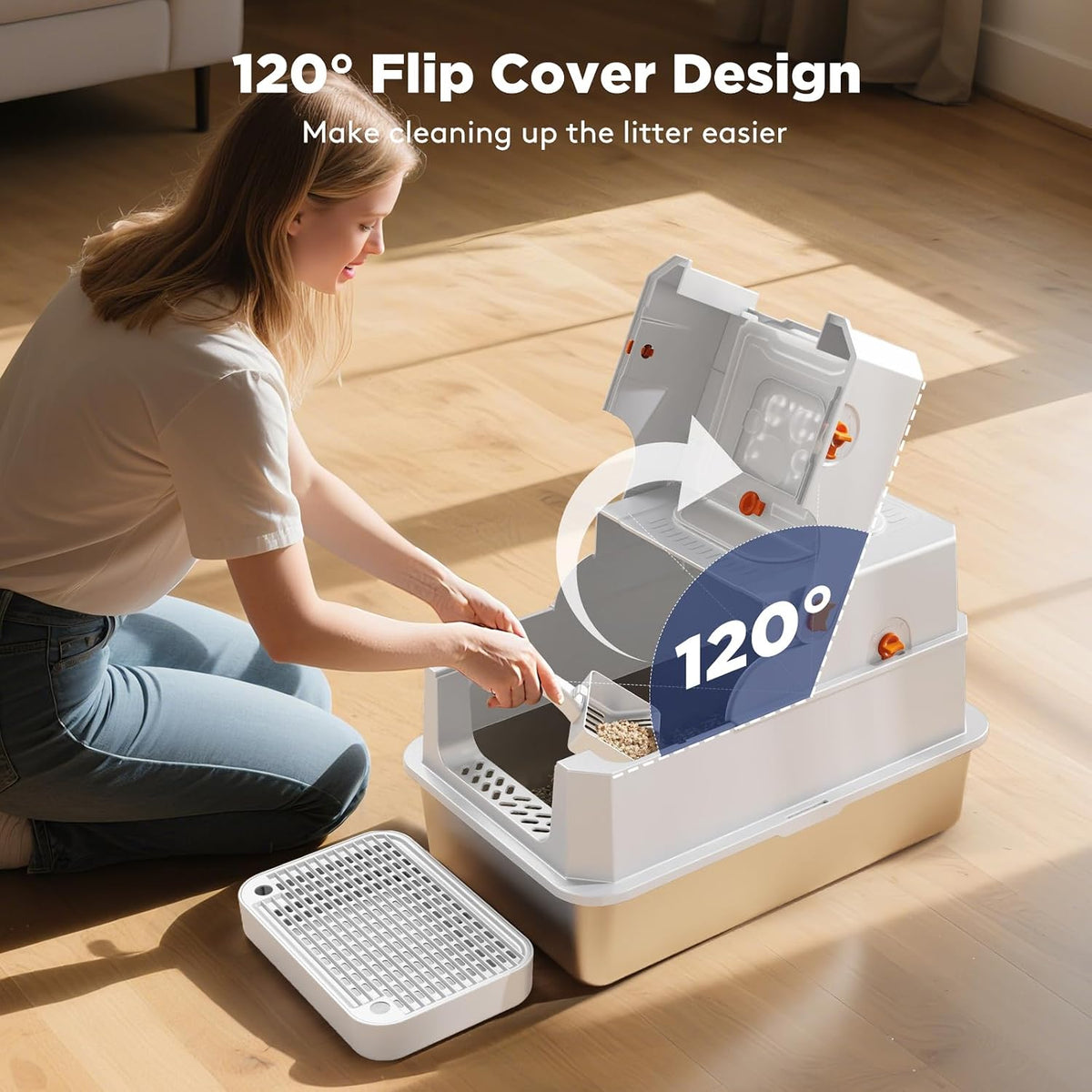 FURTIME Stainless Steel Litter Box with Lid, Enclosed Metal Cat Litter Box | XL Extra Large, Cat Box with High Sided Enclosure & Scoop, Big Cats, Front & Top Entry, Odor Free, Anti-Leakage, Silver