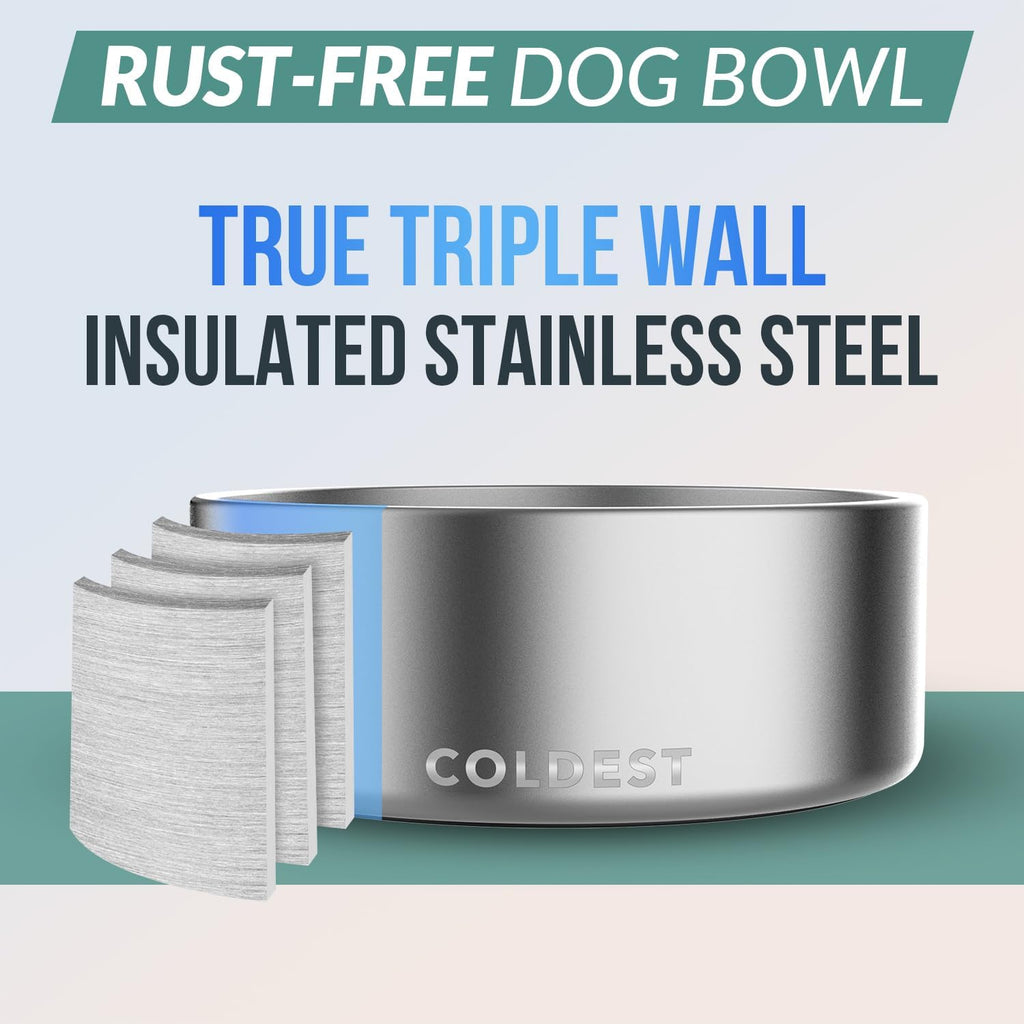 Coldest Dog Bowl - Anti Rust Metal, Non Slip, 3 Layers Insulated Stainless Steel Dog Bowls - Spill Proof & Heavy Duty - Water Bowl for Dogs, Cats, Dish Washer Safe (64 oz, Polished Stainless Steel)