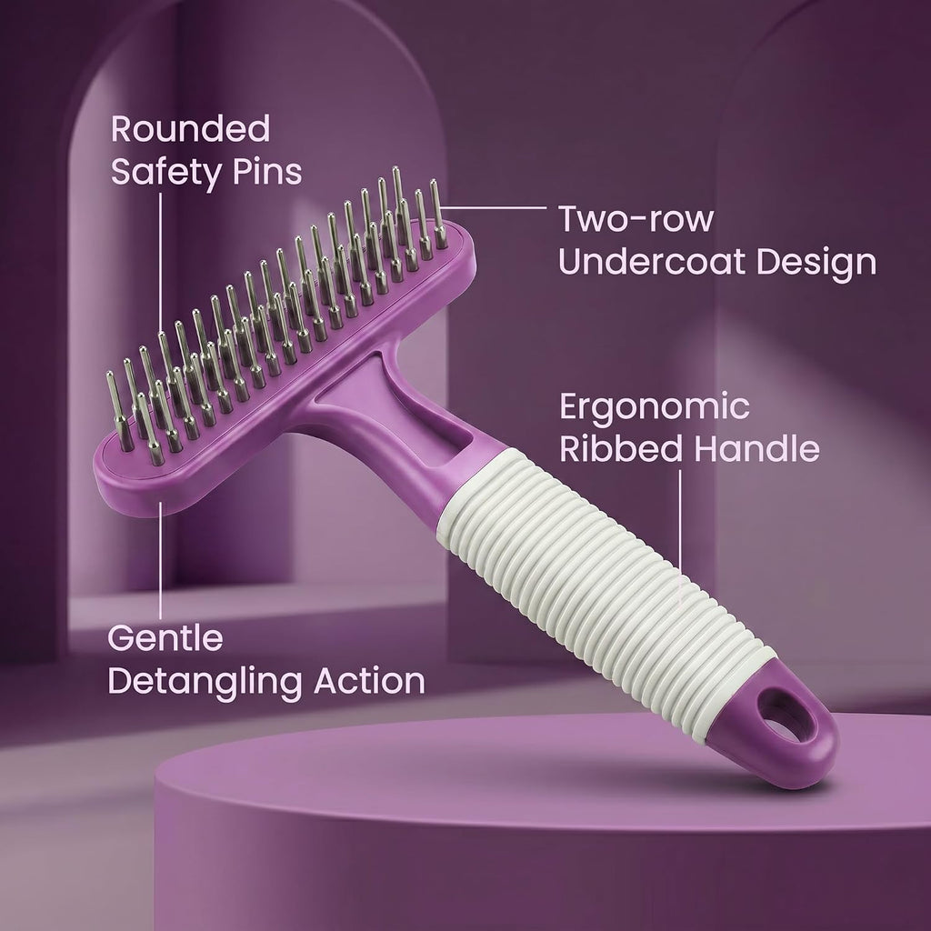 POODLIE Poodle Pet Dog Grooming Rake| Dematting Tool with Stainless Steel Shedding Comb for Pets | 2 Rows of Pins Gently Remove Loose or Tangled Hair from Undercoat | Purple Handle 