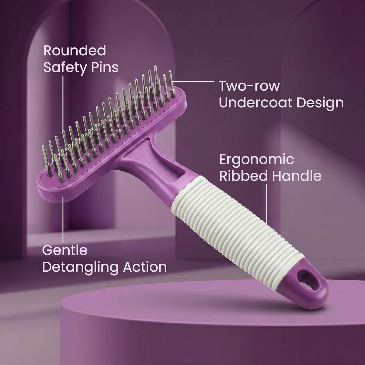 POODLIE Poodle Pet Dog Grooming Rake| Dematting Tool with Stainless Steel Shedding Comb for Pets | 2 Rows of Pins Gently Remove Loose or Tangled Hair from Undercoat | Purple Handle 