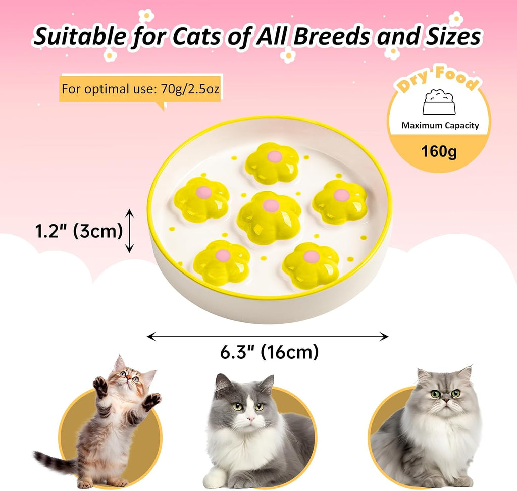 Ceramic Cat Slow Feeder Bowl - 6 OZ Puzzle Food Dish for Healthy Eating - Shallow Wide Whisker Friendly - Dishwasher Safe - 6.3''W x 1.2''H - 6 OZ - Yellow Flowers