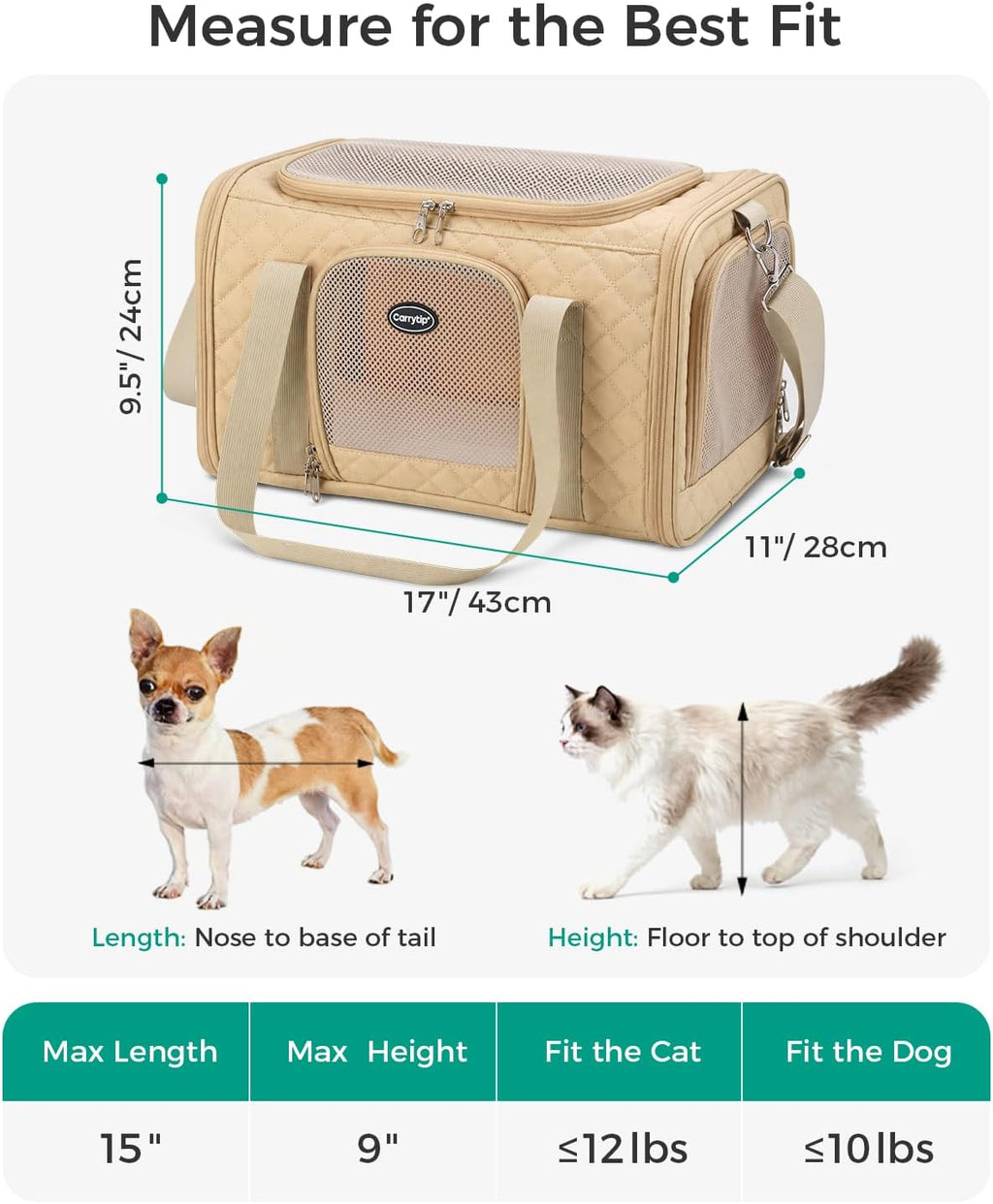 Cat Carrier Airline Approved, Soft Pet Carrier, 17x11x9.5 in, Brown