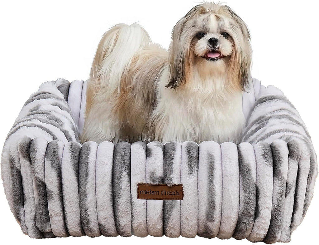 Modern Threads Ribbed Plush Two-Tone Cuddler Dog Bed, Ultra-Soft Faux Rabbit Fur, Supportive Bolstered Sides, Removable Washable Cover, Bed for Small to Medium Dogs, Silver, (24" L x 20" W x 8" Th)