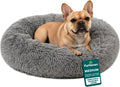 Furhaven 30" Round Calming Donut Dog Bed for Medium/Small Dogs, Refillable w/ Removable Washable Cover, For Dogs Up to 45 lbs - Shaggy Plush Long Faux Fur Donut Bed - Gray, Medium
