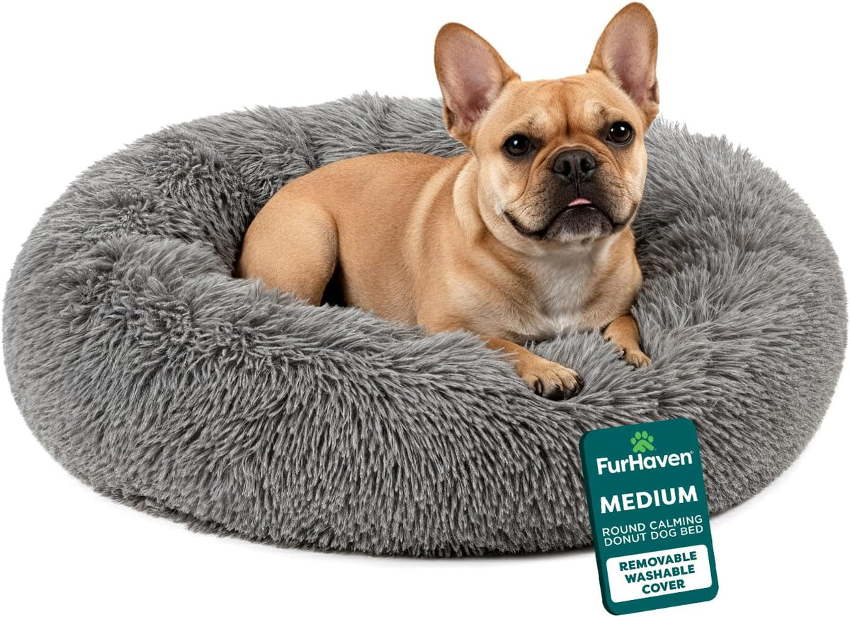 Furhaven 30" Round Calming Donut Dog Bed for Medium/Small Dogs, Refillable w/ Removable Washable Cover, For Dogs Up to 45 lbs - Shaggy Plush Long Faux Fur Donut Bed - Gray, Medium