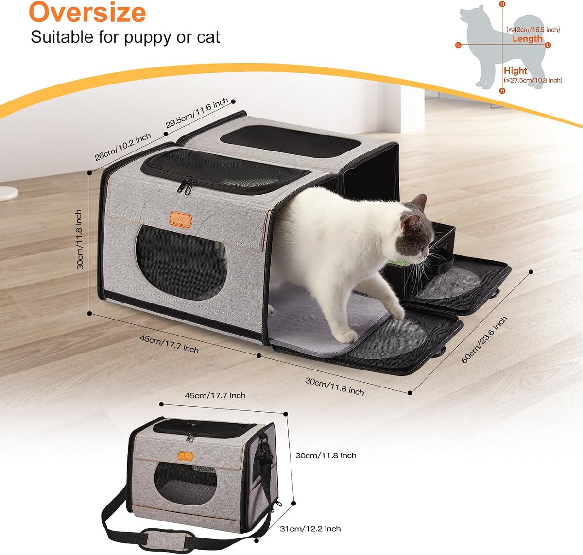 Cat Travel Carrier with Litter Box, Large Cat Carrier for Car