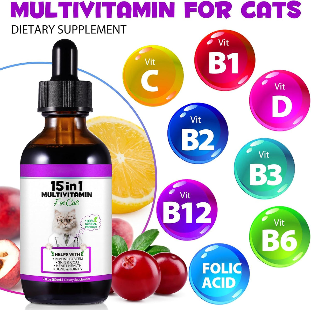 Cat Multivitamin Drops - 15 in 1 Vitamin Supplement for Immune Support, Heart, Bones, Joint, Skin & Coat Health, Bacon Flavor Vitamins for Senior Cats & Kittens (2 Pack, for cat)