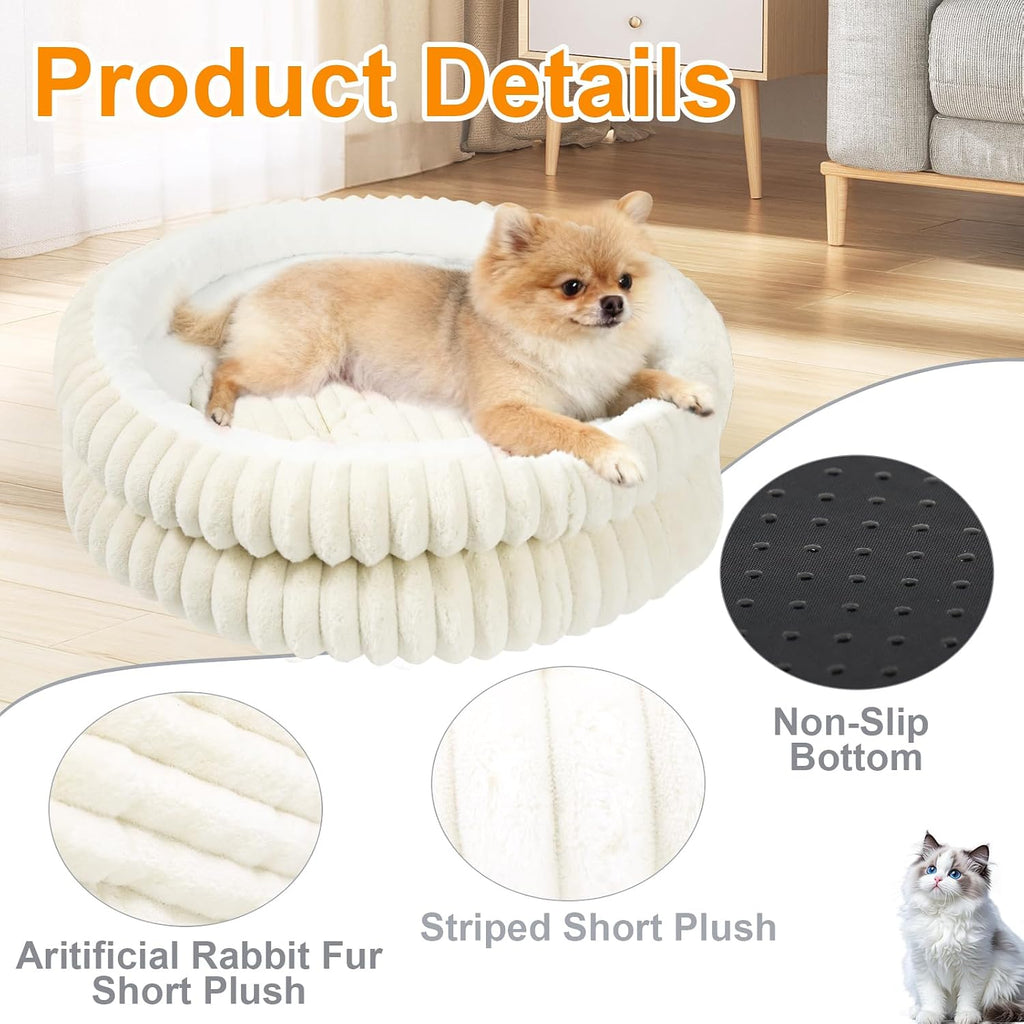Cat Beds for Indoor Cats,Washable Round Donut Dog Bed(White, S)