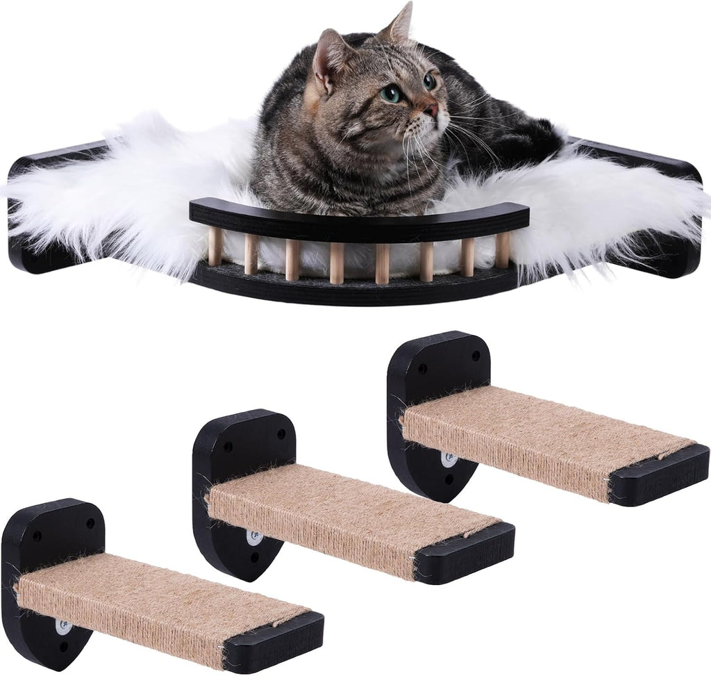 Cat Shelves - 3-Step Wall Climbing Set with Plush Covered Bed, Corner Mounted for Large Cats