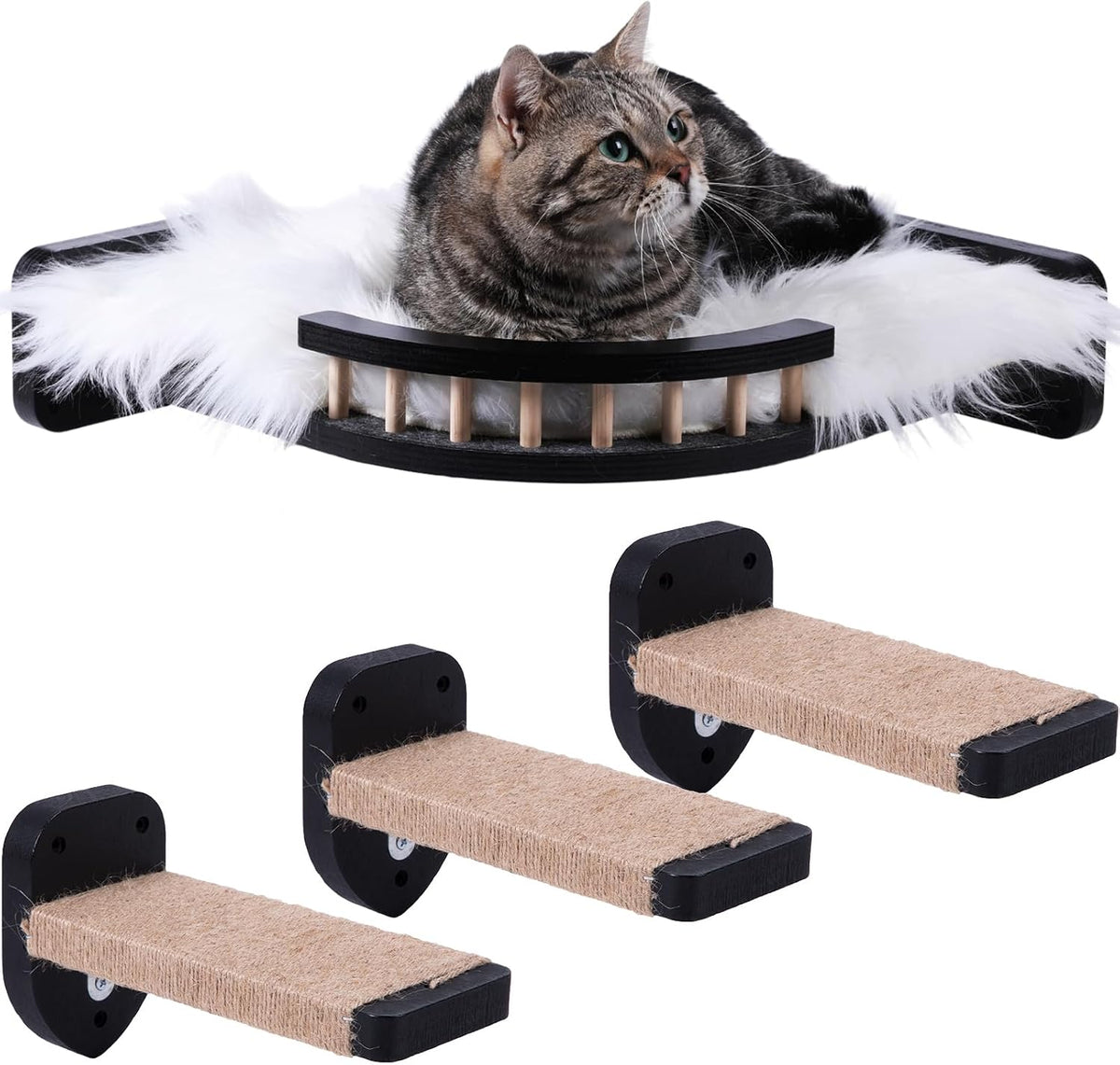 Cat Shelves - 3-Step Wall Climbing Set with Plush Covered Bed, Corner Mounted for Large Cats