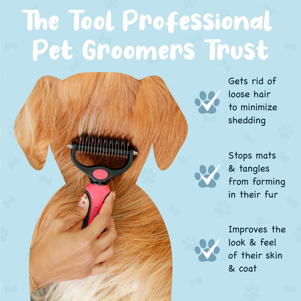 Sinko Shedding Brush for Dog and Cat, Undercoat Rake & Comb with Extra-Wide Double-Sided Stainless Steel Teeth for Deshedding, Brushing, Removing Loose Fur, Knots, Mats & Tangles in Pets (pink)