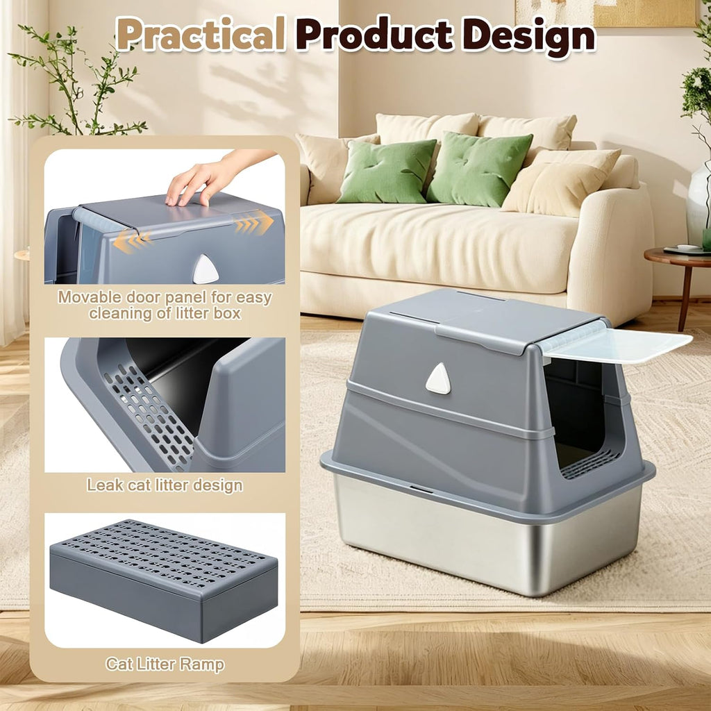 Stainless Steel Litter Box with Lid,Large Covered Enclosed Kitty Box,Enclosed High Sided Litter Box with Moveable Lid,Odor Free, Anti-Leakage with Litter Scoop for Kitty to Medium Cats(Grey)