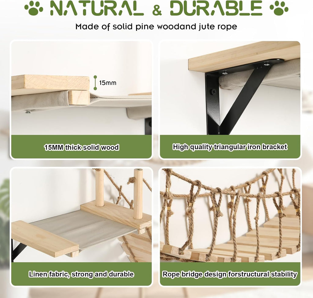Cat Wall Shelves, Wall Mounted Cat Climber Set, 70" Cat Bridge Hammock Tree with Mounted Perch & Cloud Shelf for Cats Climb, Jump (H01)