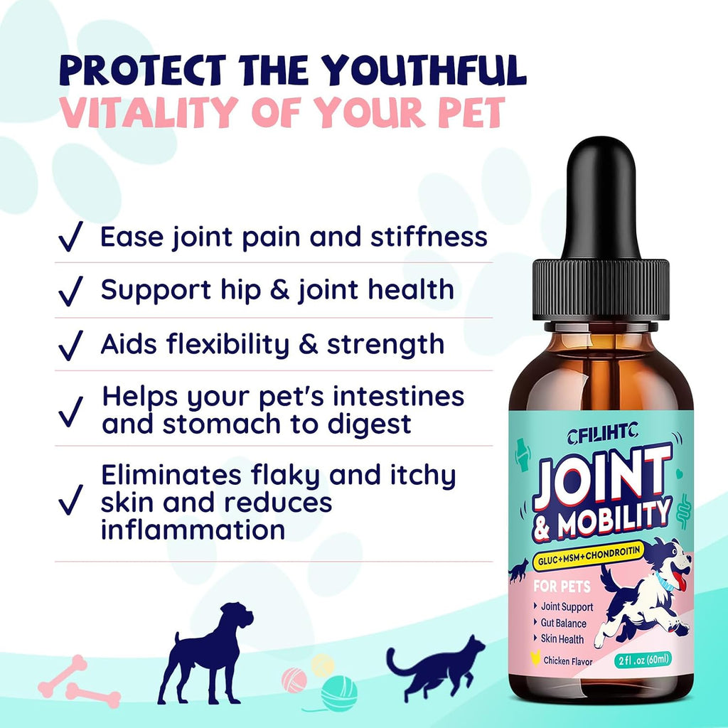 CFILIHTC Joint Drops for Dogs with Glucosamine, Chondroitin, MSM & Omega-3 – Pets Liquid Joint Supplement for Dogs & Cats – Hip, Joint, Mobility, Skin & Coat Support – Chicken Flavor 2 Fl Oz