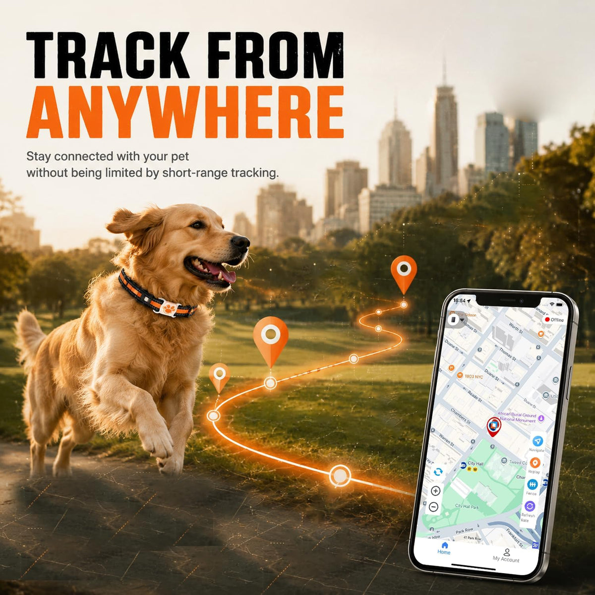 GPS Tracker for Dogs, Smart Collar with Real-Time Locator with Holder Pet Location Tracker, No Monthly Fee/No SIM Card, for Android and iOS, Ultra-Slim, IP68 Waterproof, Reliable