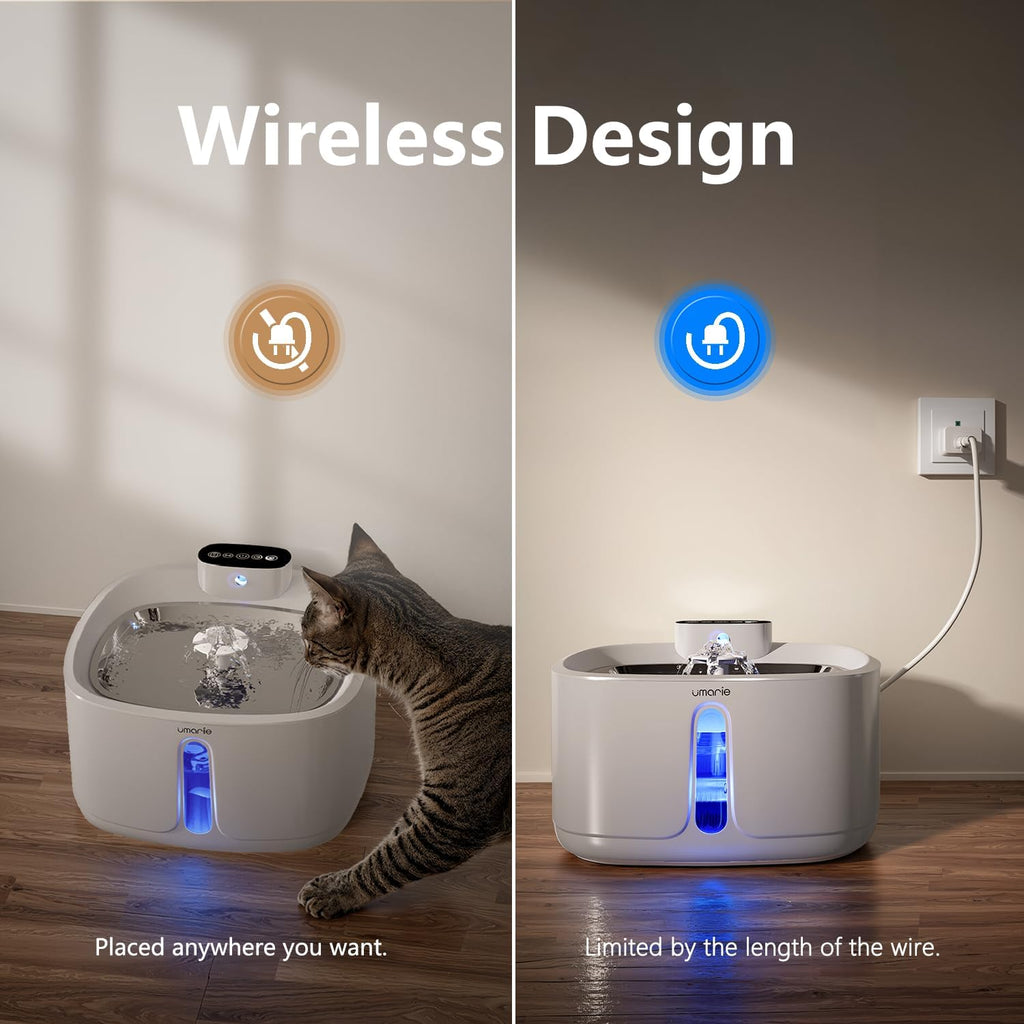 Automatic Cat Water Fountain 7 Filters, Wireless Pet Water Fountain with Stainless Steel Tray & BPA-Free Body, Ultra Quiet Pump, Motion Sensor, Easy to Clean