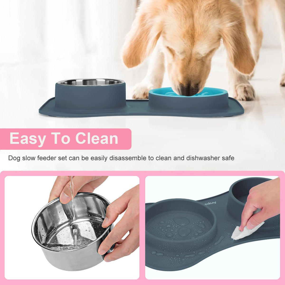Slow Feeder Dog Bowls 3 in 1 Stainless Steel Food Water Bowl to Slow Eating | Durable, Non-spill & Non-skid with Silicone Mat Design, Slow Down Eating, Suitable for Small Medium Large Dogs and Cats