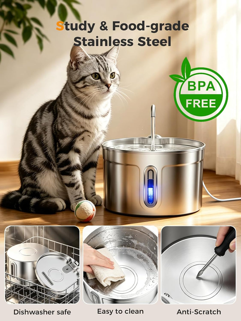 Stainless Steel Cat Water Fountain - 74oz/2.2L Ultra-Silent