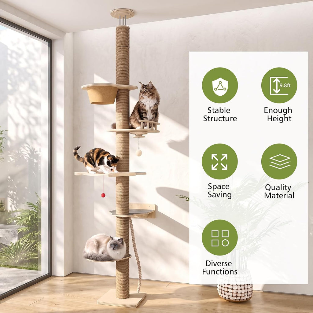 Cat Tree Floor to Ceiling, Cat Tower with Hammock & Perch, Scratching Post