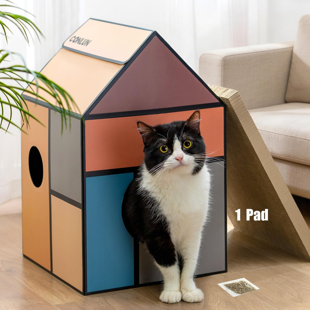 Conlun 2-in-1 Cat House Cardboard Scratching Pad Indoor Cave <13 lbs