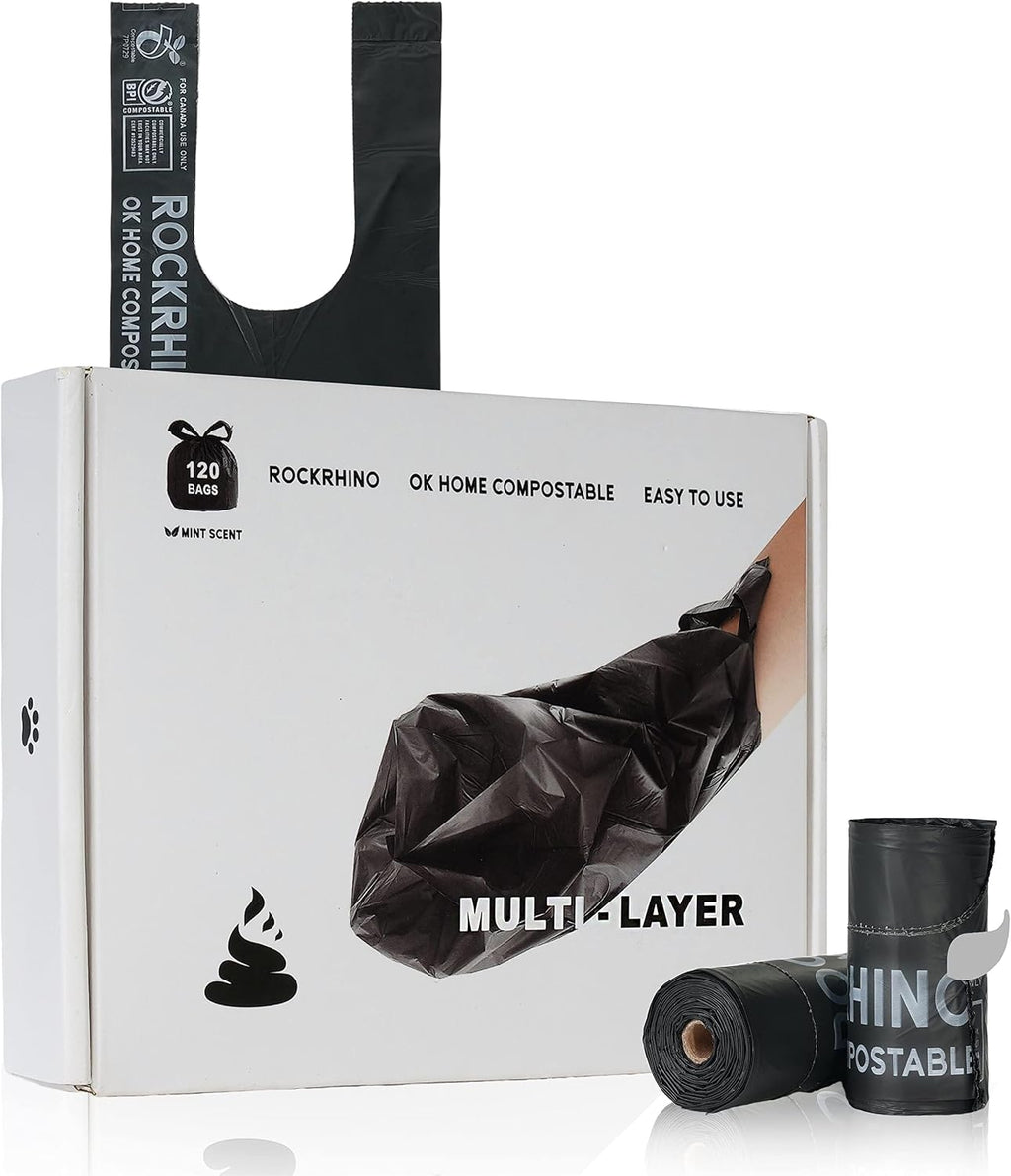 Ultra Thick RockRhino Dog Poop Bags, Multi-Layer Bottom, Opaque Odor-Proof | Easy Open Tie Handles | Certified Compostable Plastic Free | 120 Heavy Duty Bags, Mint Scent, Fits Holder, No Scooper Needed