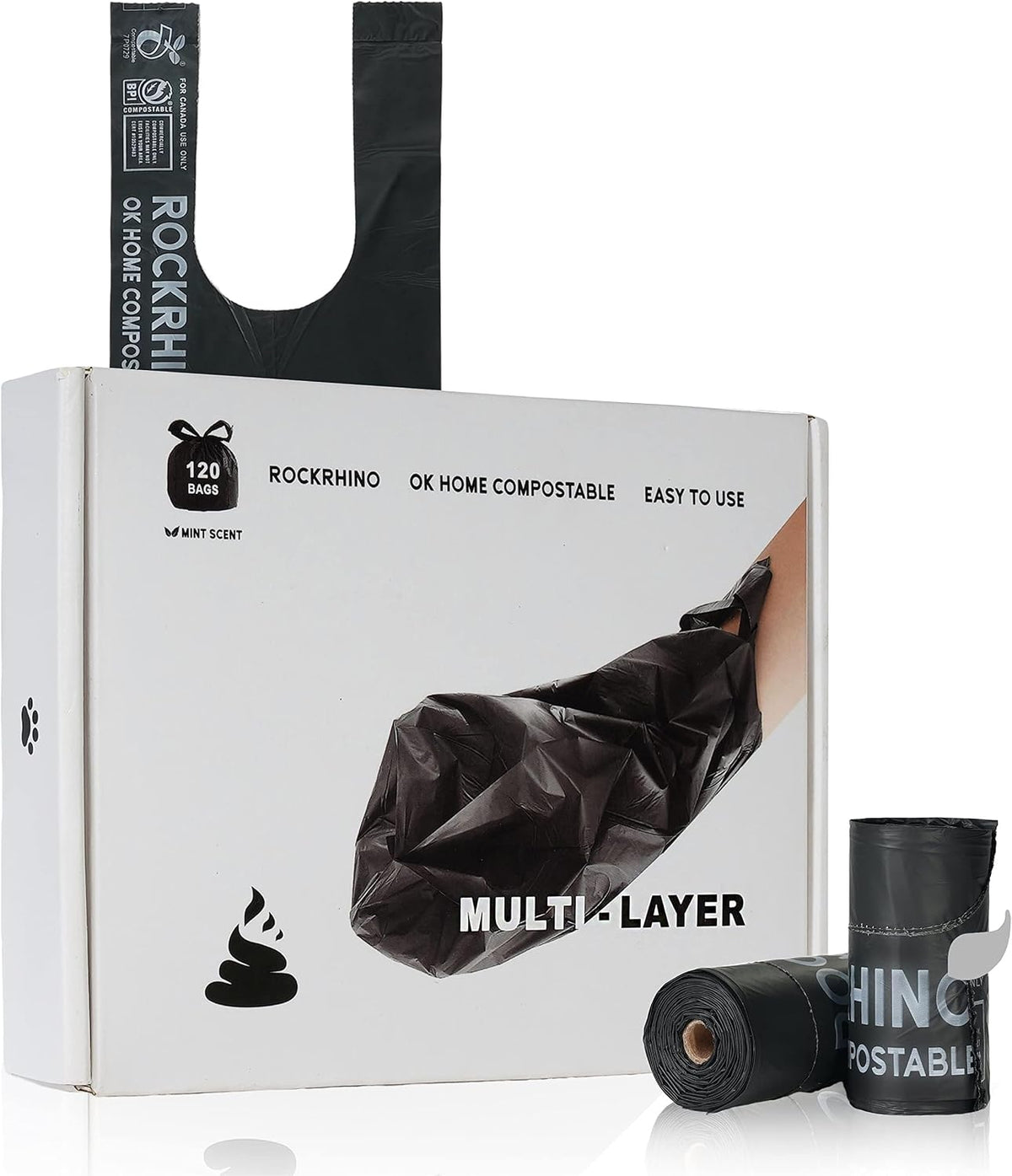 Ultra Thick RockRhino Dog Poop Bags, Multi-Layer Bottom, Opaque Odor-Proof | Easy Open Tie Handles | Certified Compostable Plastic Free | 120 Heavy Duty Bags, Mint Scent, Fits Holder, No Scooper Needed