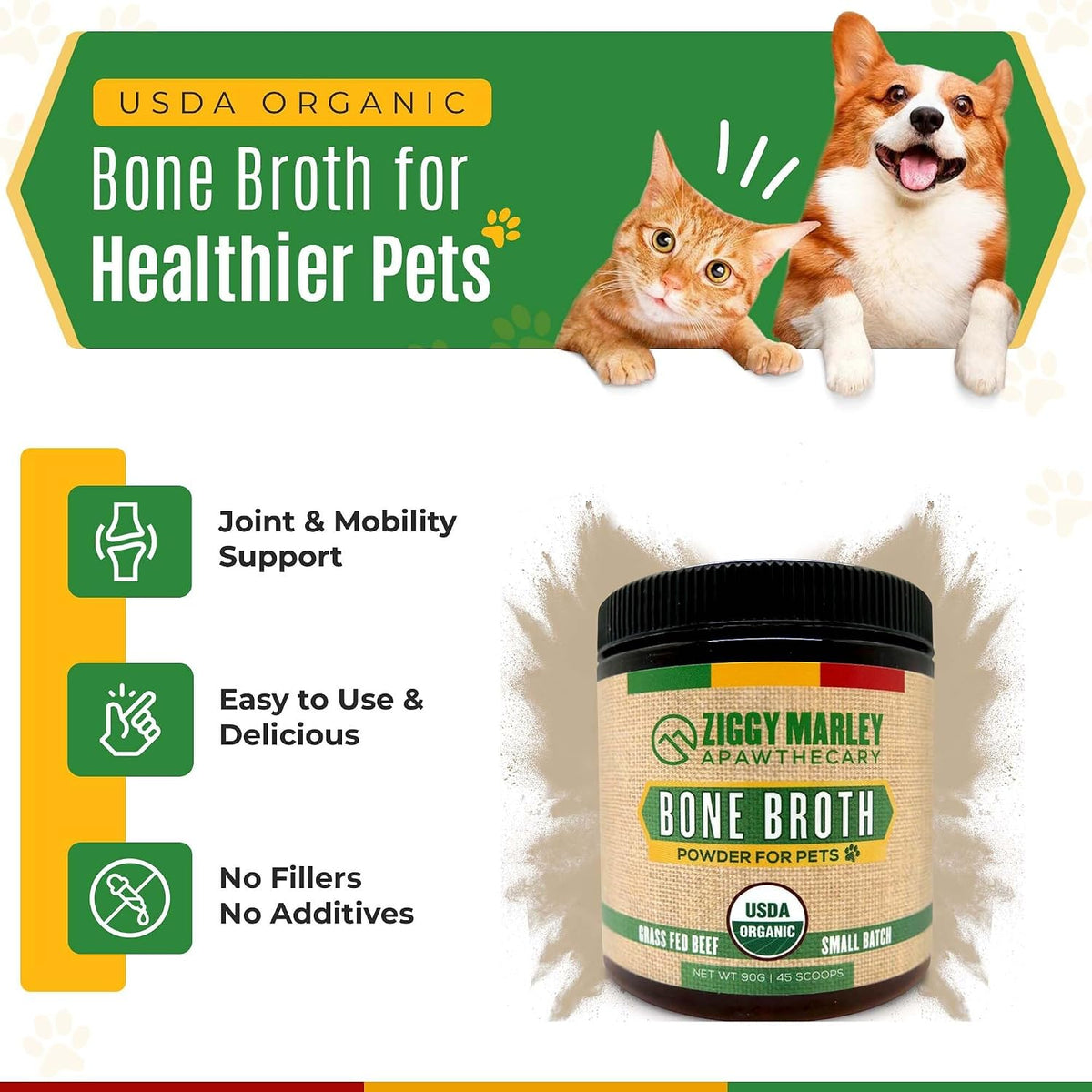 Ziggy Marley's USDA Organic Beef Bone Broth Powder for Dogs & Cats - Support Joints, Coat, and Skin - Human Grade Grass Fed Beef, 90 Grams