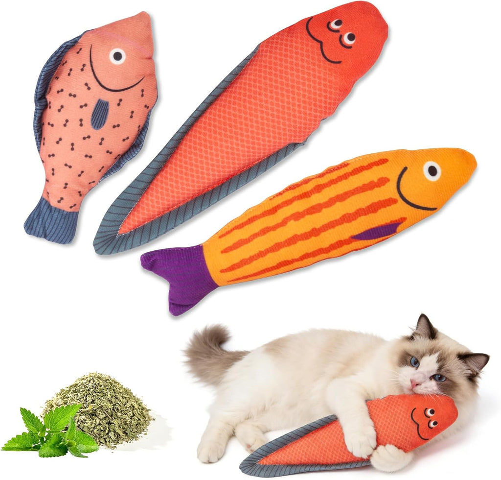 Catnip Fish Toys for Cats - 3 Pack 7.48 Inch Interactive Cat Toys with Crinkle & Bell Sounds, 4500mg Premium Natural Catnip, Durable Linen Kicker Toys for Indoor Cats & Kittens