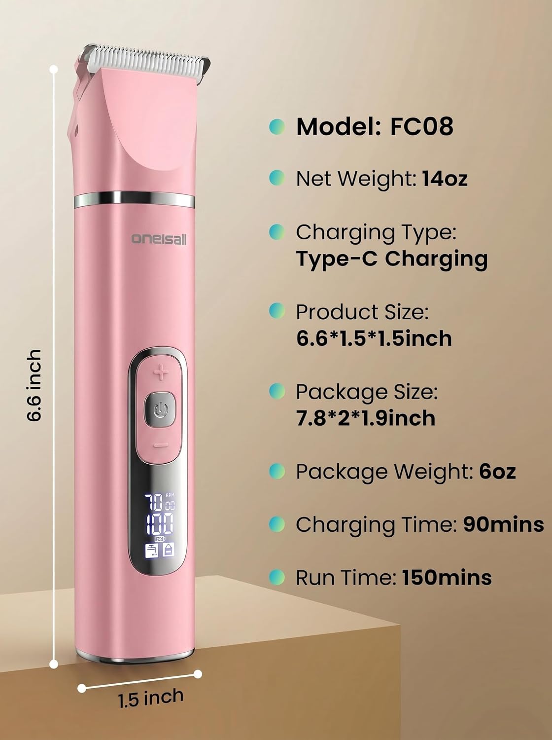 oneisall 4 in 1 Dog Grooming Kit with LCD Display Pink