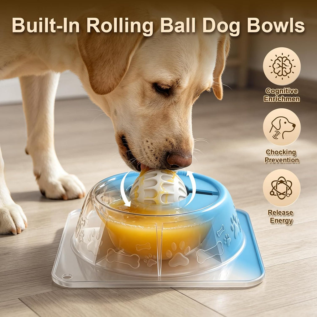 Slow Feeder Lick Bowl for Dogs and Cats, Anti-Slip Pet Water Bowl with Smooth Rolling Ball, No Spill Bowl for Water, Bone Broth, Yogurt & Pumpkin Puree, for Large Pets, Light Blue
