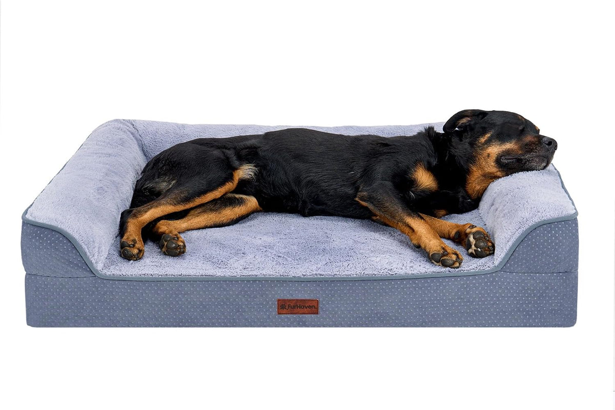 Furhaven Plush & Embossed Velvet Cooling Gel-Top Dreamer Sofa Pet Bed, Steel Blue, Jumbo