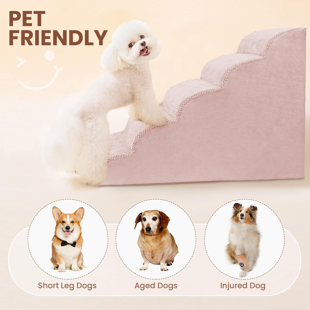 5 Steps Dog Stairs for Bed, 24" Dog Steps for High Bed, High Density Pet Steps for Small Dogs, Extra Wide Non-Slip Dogs Ramp for Injured, Older Pets, Small Cats, Pink